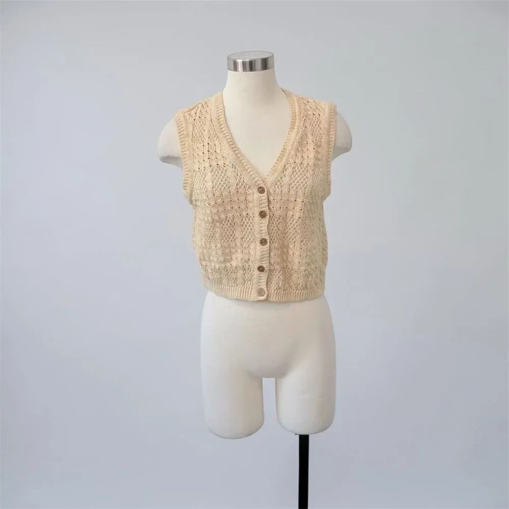 Vintage Liz Claiborne Linen Crochet Woven Sweater Vest Tan Medium